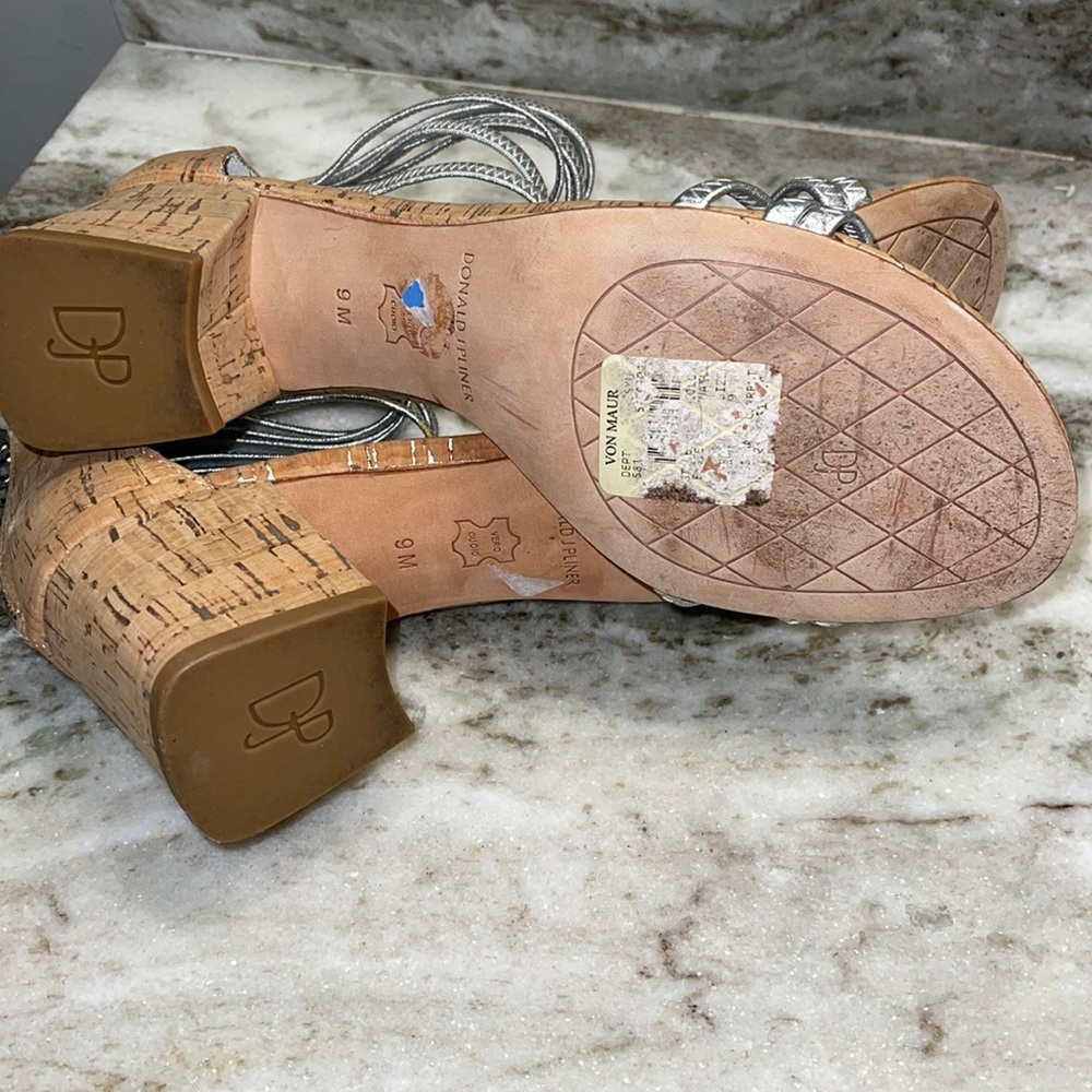 Donald J. Pliner Silver Strappy Cork Block Heel Sandals - Picture 7 of 11